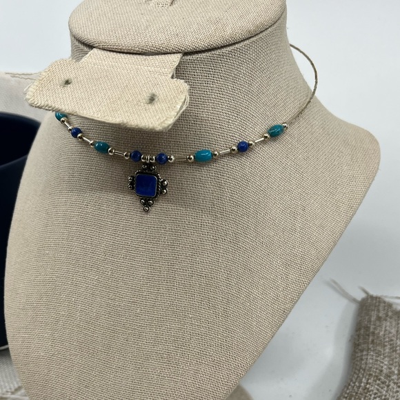 Vintage Southwestern Flexible Sterling Silver Necklace with Lapis & Turquoise - Picture 11 of 15